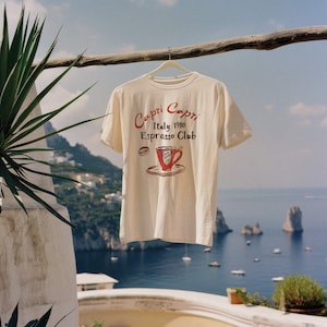 Capri Italy 1980 Espresso Club Tee | Vintage Italy Graphic T-Shirt, Retro Summer Travel Shirt, Soft Cotton, Unisex and Womens Fit