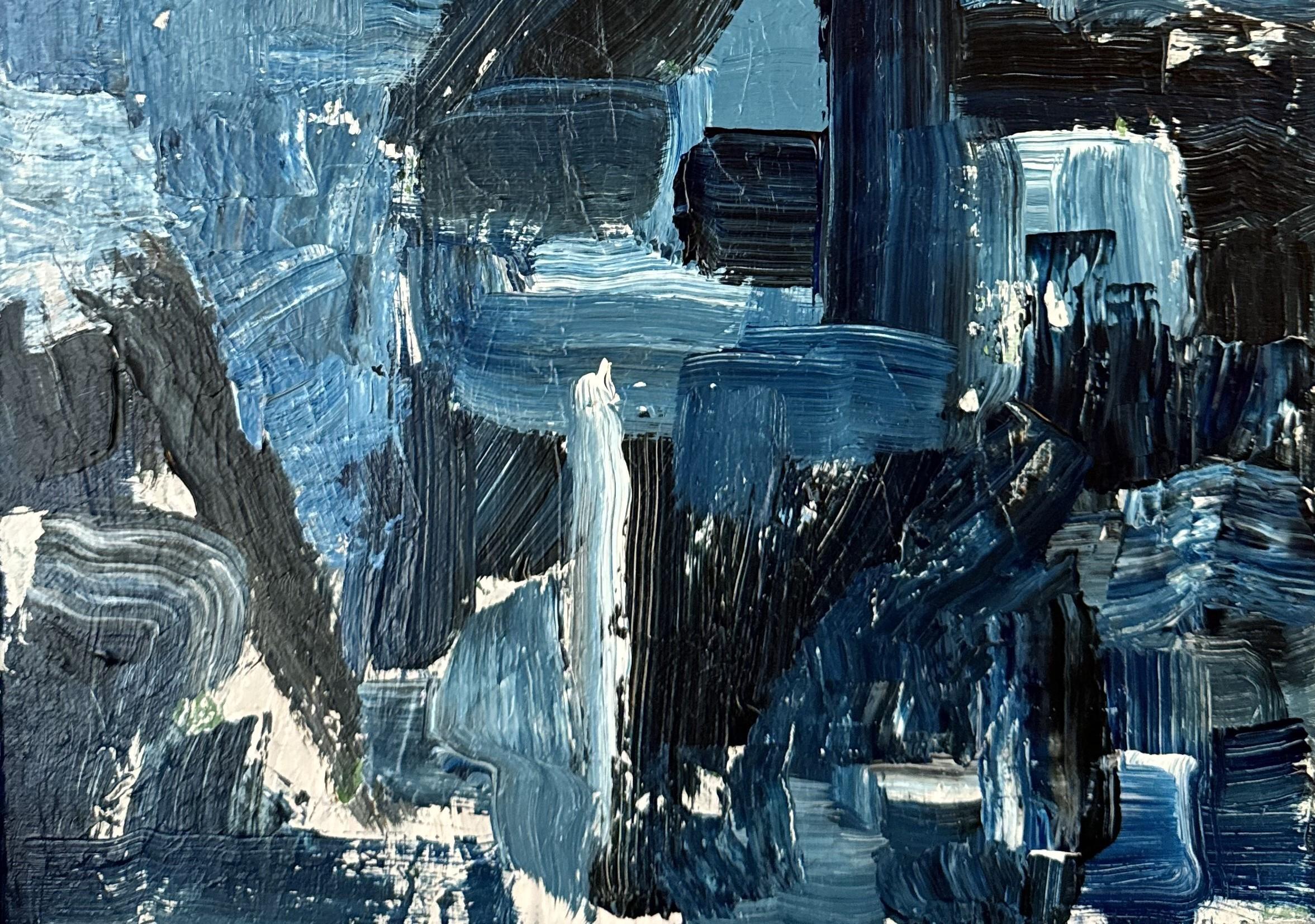 オリジナルの青い抽象画、キャンバスに描かれた14×11インチの絵画