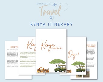 May include: A printable Kenya travel itinerary with a safari jeep and animals in the background. The itinerary includes a "Best Time to Visit" section and a "Kenya Itinerary" section with a "Day 1" section.