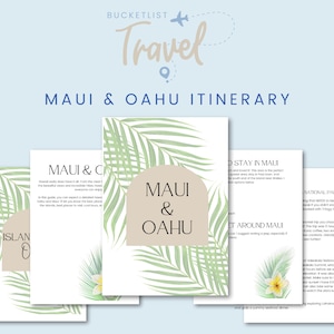 May include: A travel itinerary for Maui and Oahu, Hawaii. The itinerary includes information about where to stay, what to do, and what to see. The itinerary is illustrated with tropical palm leaves and a flower.