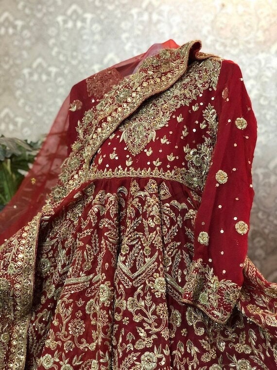 Hand Made Customised Indian and Pakistani Red Bridal Dress With Organza Fabric and Heavy Golden Zardozi Hand Work Etsy