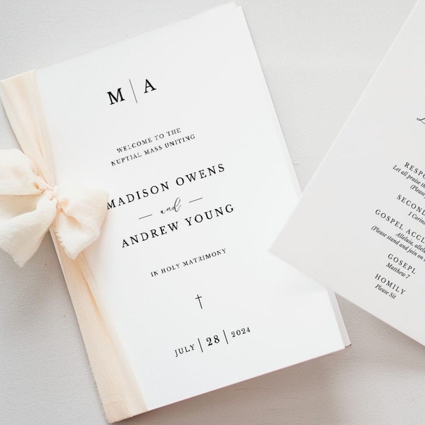 Catholic Wedding Program Catholic Nuptial Mass & Catholic Wedding Ceremony without Mass as Bifold Template Monogram Modern Minimal Simple