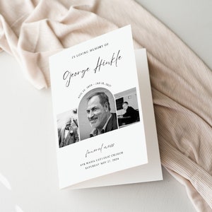 May include: Black and white funeral order of service with a photo collage of a man. The order of service includes the text "In loving memory of George Hinkle" and the dates "Aug 18, 1959 - Jan 18, 2021". The order of service also includes the text "Funeral Mass" and the date "Saturday Nov 27, 2024".