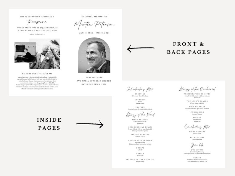 Catholic Funeral Mass Bifold Program Celebration of Life Liturgy for