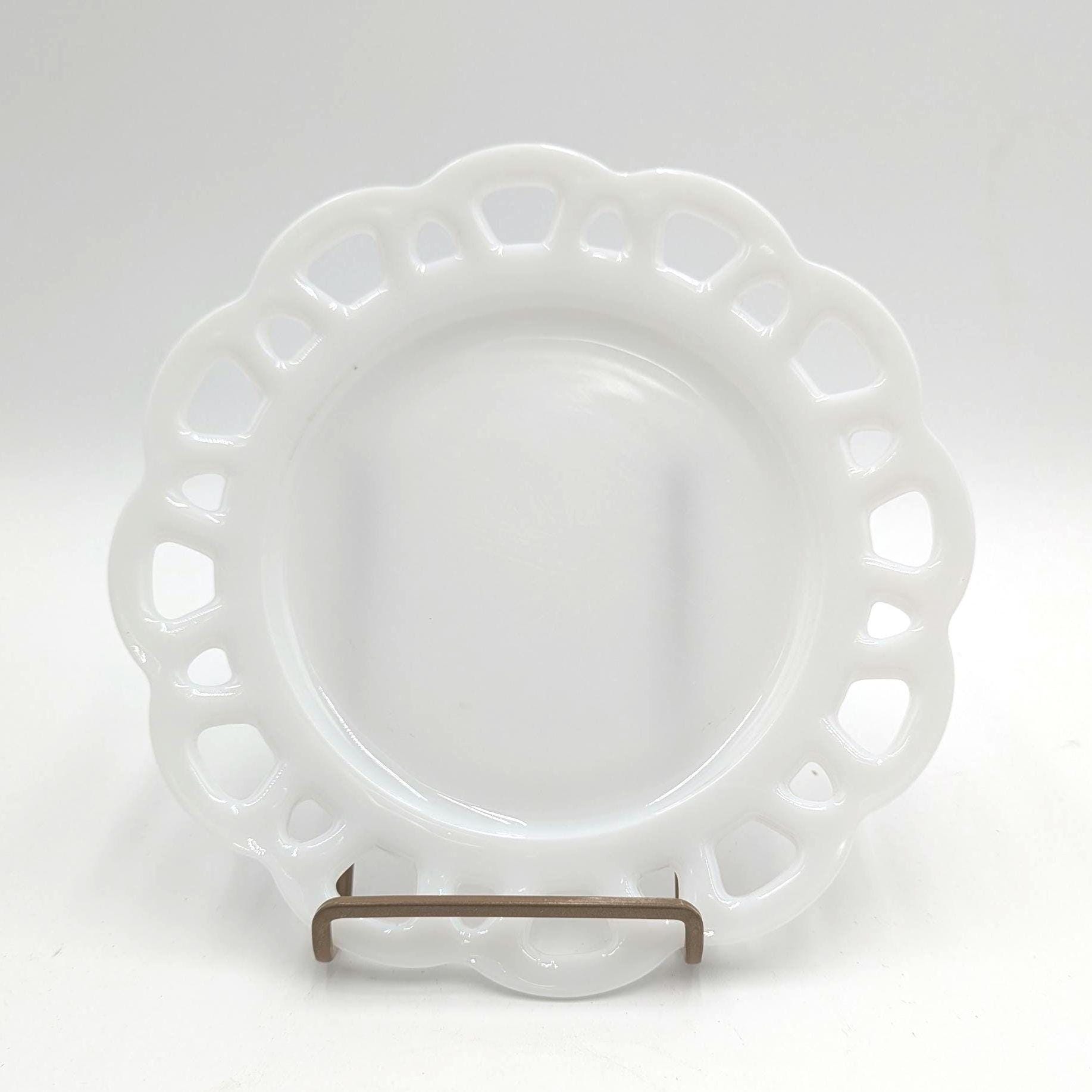 Vintage Hazel Atlas Milk Glass Open Lace Edge Salad Plate - Elegant Tableware