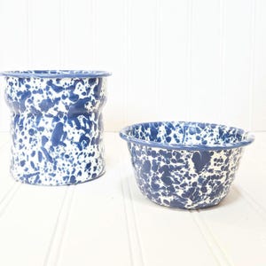 Vintage Blue White Enamelware Set Splatterware Cup and Bowl Rustic Farmhouse Enamel Kitchen Campware Cottage Decor Graniteware Style
