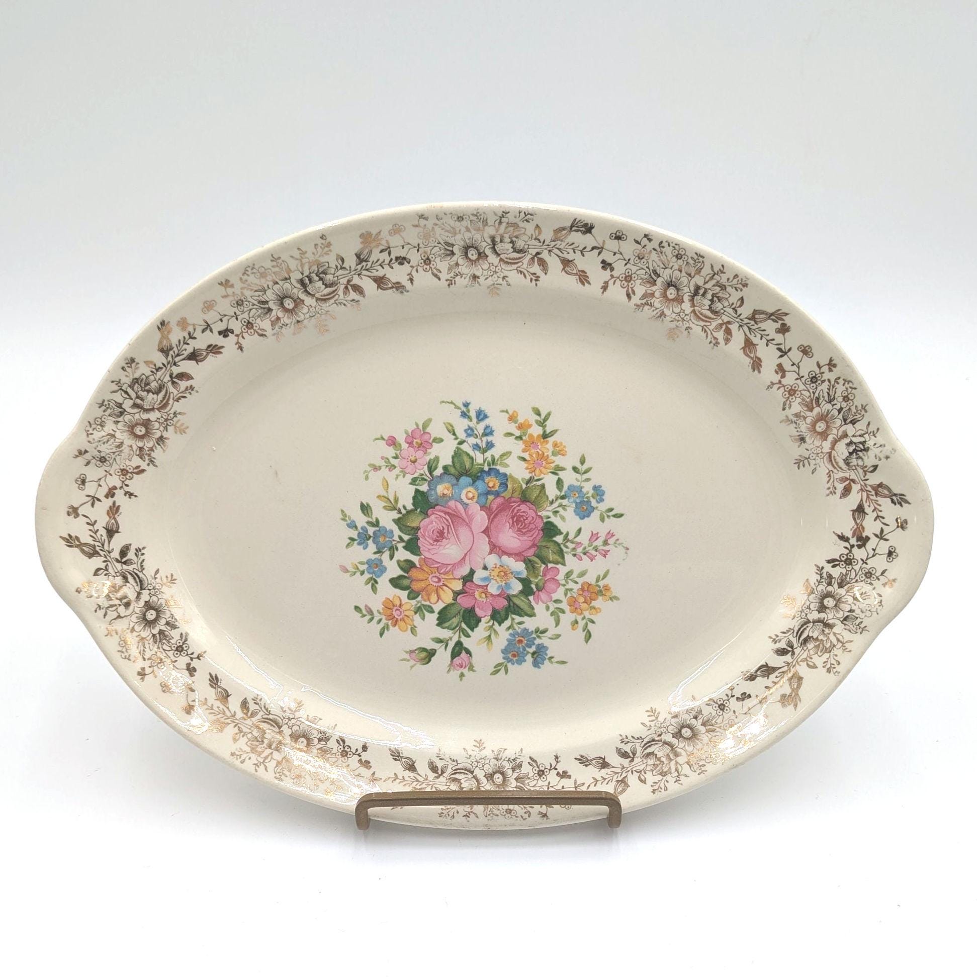 Taylor Smith TS&T 1871 Gold Filigree Rim Pink Roses Floral Center