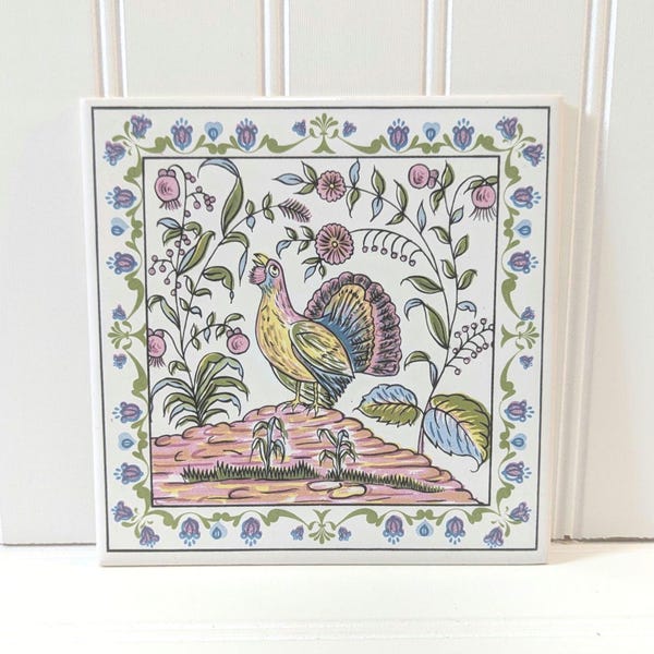 Azulejo decorativo vintage de cerámica / Diseño colorido de pájaros y flores / Ideal para cocina o pared de estilo rústico europeo