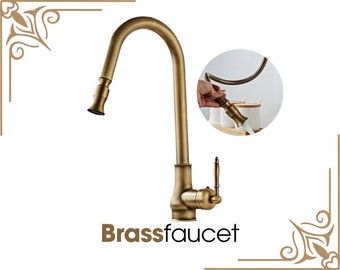 Antique style Copper One Hole Pull Out Pull Down Widespread Brass Faucet Body with Cold Hot Mixer Hoses Single Handle Kitchen Faucet