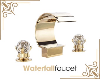 Wasserfall, poliertes Gold, Badezimmer-Wasserhahn, 3-Loch-Doppelkristallknöpfe, weit verbreitete 3-Loch-Waschtisch-Waschtischarmatur, Badewannenfüller-Wasserhahn, Wasserfall