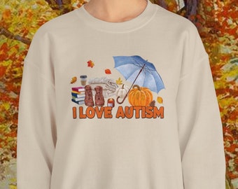 I Love Autism Sweatshirt, Autumn Fall Sweatshirt,Pumpkin Sweatshirt,Skeleton Sweatshirt,Halloween Sweatshirt, Funny Meme Crewneck Sweatshirt