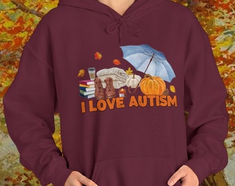 I Love Autism Hoodie, Autumn Fall Hoodie, Pumpkin Hoodie, Skeleton Hoodie,Halloween Hoodie, Fall Season,Leaves, Funny Meme Sweatshirt Hoodie