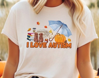 I Love Autism Funny Shirt, Autumn Fall Shirt, Pumpkin Shirt, Skeleton Shirt, Halloween Shirt, Fall Season Shirt, Leaves, Funny Meme T-shirt