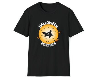 Halloween Greetings Witch Broomstick | Unisex Soft Style Tee T-Shirt | Embrace Your Vibe
