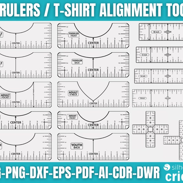 Outil d'alignement de t-shirt SVG, Svg de règle de t-shirt, guide de placement de t-shirt, guide de placement de chemise, règle de placement, adulte-jeune-enfant en bas âge-nourrisson