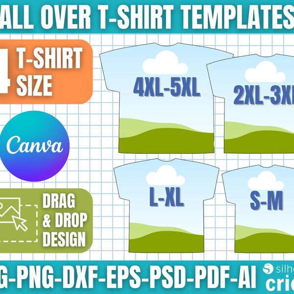 All Over T-Shirt Template, T-Shirt Design Template, All Over T-Shirt Sublimation Template, T-Shirt Outline, Drag and Drop Canva Template