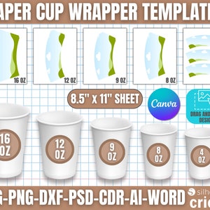 Paper Cup Wrapper Template, Paper Coffee Cup Template, Paper Cup Wrapper, Paper Cup Bundle, 4oz - 8oz - 9oz - 12oz - 16oz