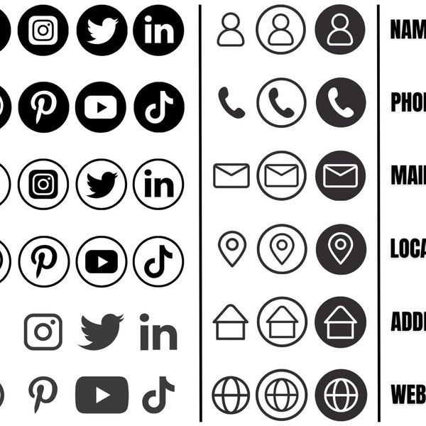 Social Media iconen, visitekaartje iconen, Facebook, Instagram, Pinterest, telefoonnummer, e-mail, website, locatie, pictogrammen Svg Png