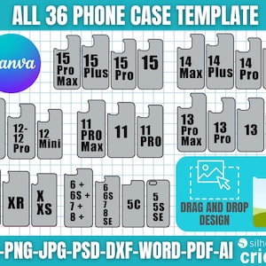 36 Mega paquete de plantillas de caja de teléfono, plantilla de caja de iPhone, plantilla de sublimación de iPhone, plantilla de caja de teléfono inteligente, plantilla editable de Canva