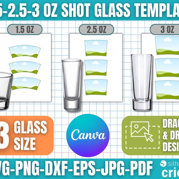 Shot Glass Template Bundle, 1.5oz, 2.5oz, 3oz Shot Glass Wrapper, Shot Glass Svg, Shot Glass Sublimation, Drag and Drop Canva Template