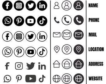 Iconos de redes sociales, iconos de tarjetas de visita, Facebook, Instagram, Pinterest, número de teléfono, correo electrónico, sitio web, ubicación, iconos Svg Png