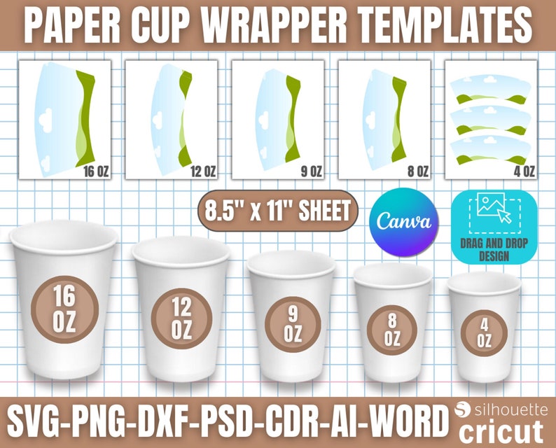 Paper Cup Wrapper Template, Paper Coffee Cup Template, Paper Cup Wrapper, Paper Cup Bundle, 4oz 8oz 9oz 12oz 16oz zdjęcie 1