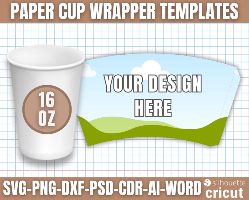 Paper Cup Wrapper Template, Paper Coffee Cup Template, Paper Cup Wrapper, Paper Cup Bundle, 4oz 8oz 9oz 12oz 16oz zdjęcie 2