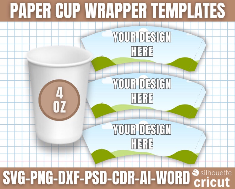 Paper Cup Wrapper Template, Paper Coffee Cup Template, Paper Cup Wrapper, Paper Cup Bundle, 4oz 8oz 9oz 12oz 16oz zdjęcie 6