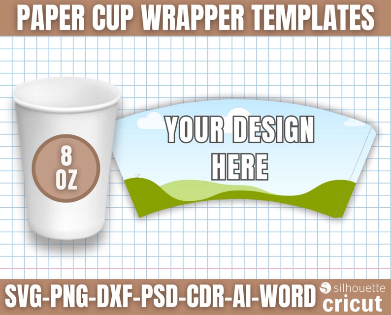 Paper Cup Wrapper Template, Paper Coffee Cup Template, Paper Cup Wrapper, Paper Cup Bundle, 4oz 8oz 9oz 12oz 16oz zdjęcie 5