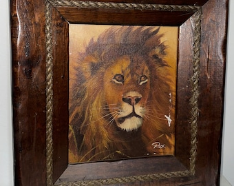 Vintage Lion Oil Painting Canvas Signed Original Art Framed Print Vtg Rex 16X14