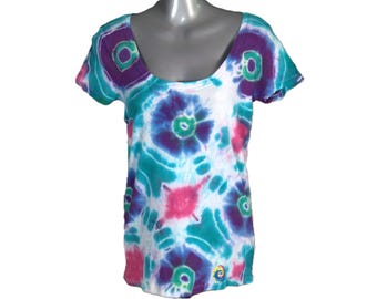 Ice Dye Geode T-Shirt Small | Purple Green Pink Floral | Upcycled Cotton Tee | Festival Fashion | Unique Scoop Neck Tie Dye Top