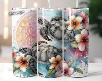 Sea Turtle Flower Tumbler, Stainless Steel Insulated Skinny Tumbler