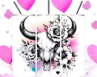 Floral Bull Skull Tumbler, Watercolor Stainless Steel Insulated Skinny Tumbler, 20oz