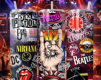 Rock Band Collage 20oz Skinny Tumbler, Retro Music Lover Gift