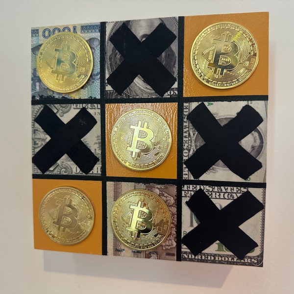 Bitcoin vs. US Dollar "Tick-Tock-Toe" 6" x 6" x 2" by ECM (one-of-a-kind, original handmade)