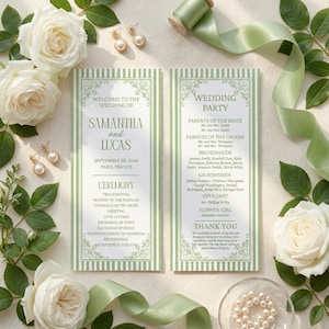 May include: Two wedding ceremony programs with green striped borders and floral accents. The programs list the wedding party details, including the names of the bride and groom, and the ceremony order. White roses, pearls, and ribbons surround the programs.