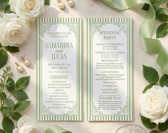 Sage Green Wedding Program Menu, Elegant Vintage Handdrawn Invite (Digital Download)