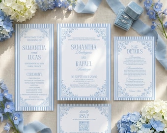Blaue Streifen Hochzeitseinladungssuiten, Elegante Weinlese Küstenhochzeits-Einladung, Luxusklassische Blaue Streifen, die Einladungen Wedding sind