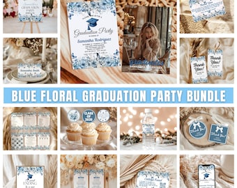 Blue Roses Graduation Bundle, Blue Graduation Invitation, Grad Party Invite, Graduation Party Decor, High School Graduation