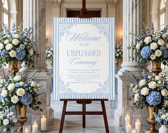 Blaue Streifen Hochzeit Unplugged Zeremonie Zeichen, elegante Vintage Küsten Hochzeitsschild, Luxus klassische blaue Streifen Hochzeit lädt ein