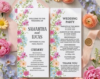 Programme de mariage de fleurs sauvages, mariage floral bohème aquarelle, invitation fantaisiste de jardin de printemps, invitations de mariage rustique