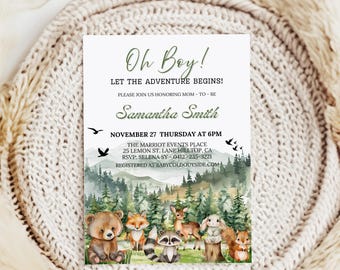May include: A baby shower invitation with the text "Oh Boy! Let the Adventure Begins!" and details for Samantha Smith's event. The design features watercolor illustrations of woodland animals and a forest scene, with a neutral background.