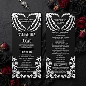 May include: Black wedding program with white text and skeleton hand heart design. The program includes the names Samantha and Lucas, ceremony details, and a thank you message. The date is September 30, 2026, in Paris, France.