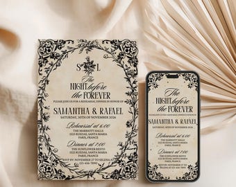 Invitaciones góticas para la cena de ensayo de una boda de Halloween, invitaciones de boda espeluznantes, invitaciones de boda negras, invitaciones de boda de otoño.