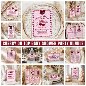 Cherry on Top Babyparty-Party-Bundle, Babyparty für Mädchen, rosa Schleifen-Babyparty-Einladungs-Bundle, Kirsch-Babyspiele und Schilder für Mädchen
