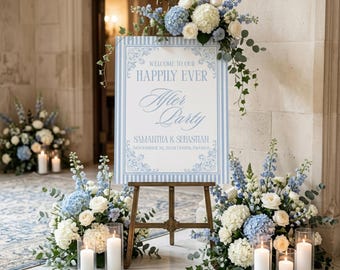 Blaue Streifen Hochzeit Willkommensschild Sitzplan, Elegante Vintage Hochzeitseinladung, Luxus Klassische Blaue Streifen Hochzeit Einladungskarte
