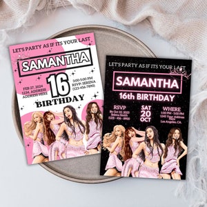 Invitaciones de Blackpink para fiestas de cumpleaños de Blackpink, invitaciones para invitaciones en negro y rosa, plantillas para invitaciones a fiestas de Kpop, regalo imprimible digital