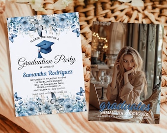Blue Floral Graduation Invitation, Grad Party Invite, Blue Graduation Invitation, High School Graduation, Graduation Bundles