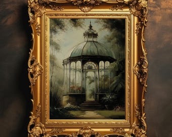 Victorian Conservatory Art Print | Dark Academia, Vintage Greenhouse Painting, Moody Botanical Decor, Rustic Wall Art, Digital Download