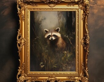 Raccoon in Forest | Dark Academia Animal Print, Vintage Oil Painting Aesthetic, Rustic Woodland Nursery Art, Digital Download